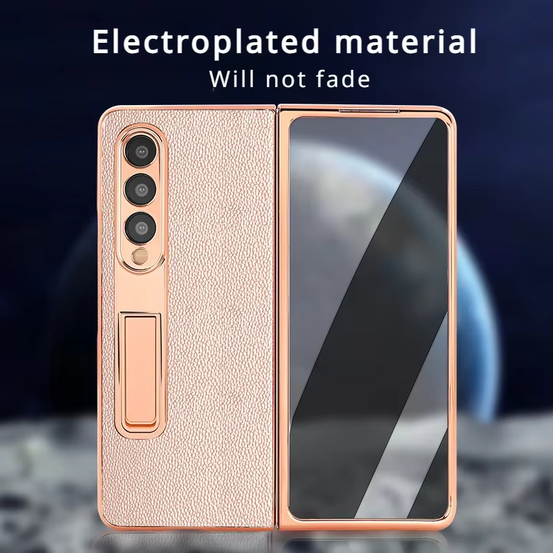 Luxury Leather Golden Plated Phone Case  With Hidden Bracket for Samsung Galaxy Z Fold 5/4/3