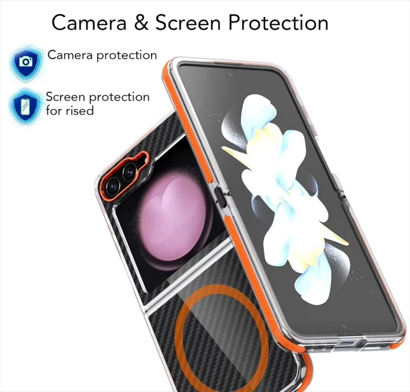 Business Carbon Fiber Magnetic Contrast Color Anti-skid Frame Case for Samsung Galaxy Z Flip 5 6 