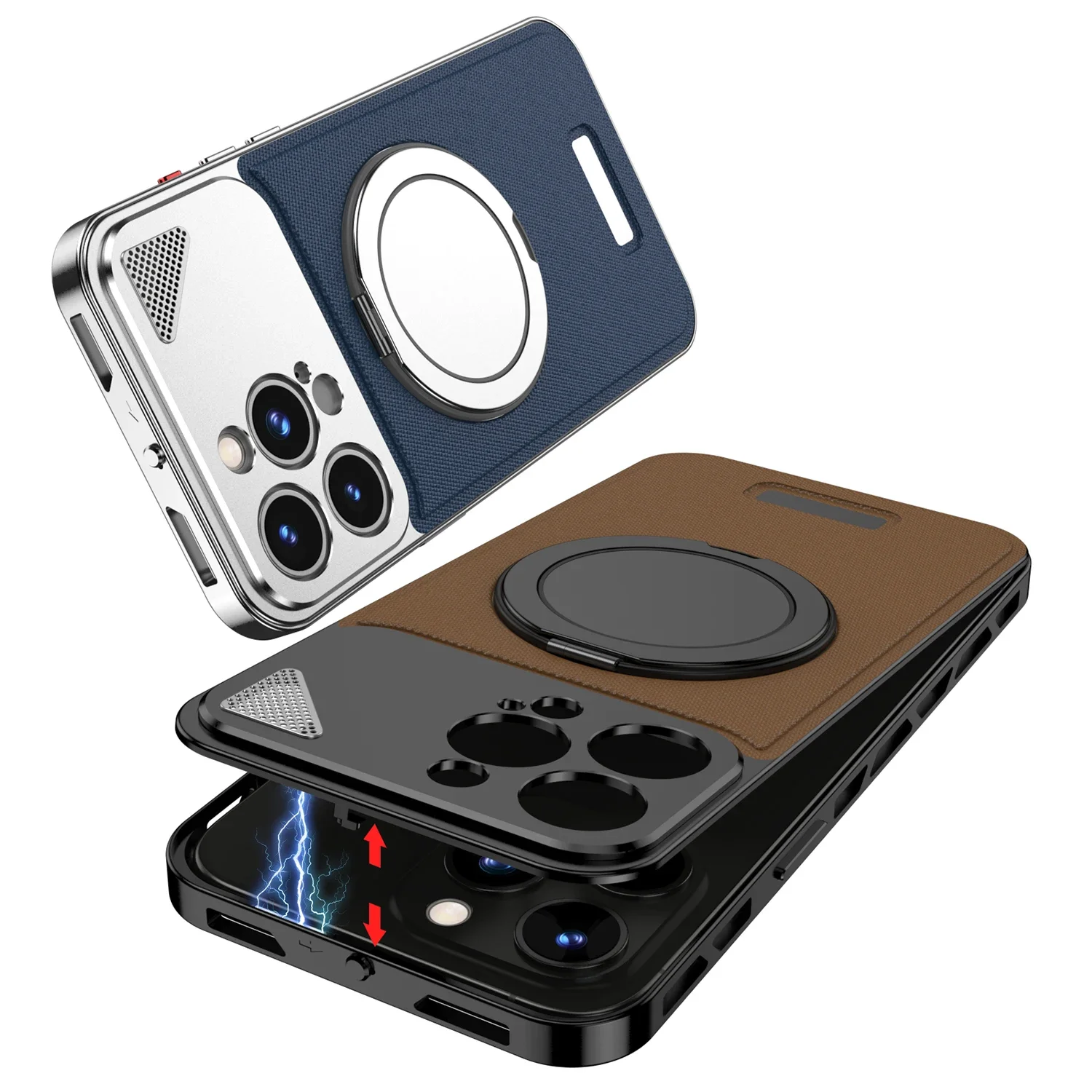 360° Rotating Stand Hollow Frame Luxury Aluminum Snap Phone Case For iPhone 15 14 13 Series