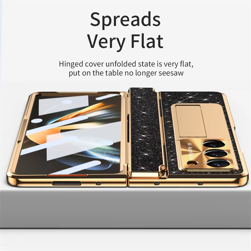 Leather Sparkle Magnetic Plating Hinge Phone Case With Screen Protector For Samsung Galaxy Z Fold 5/4/3
