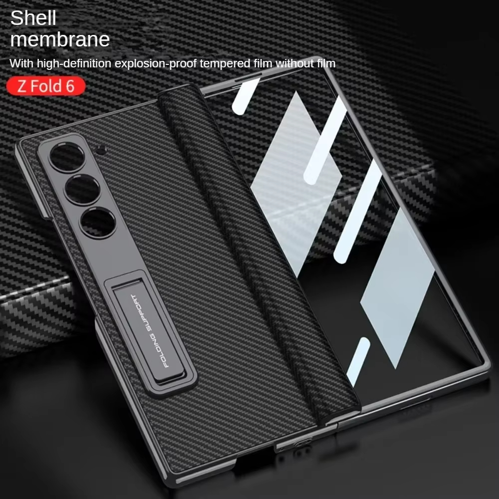LLuxury Electroplated Matte Leather Bracket Magnetic Folding Hinge Case for Samsung Galaxy Z Fold 6 with Tempered Film Hard Cover