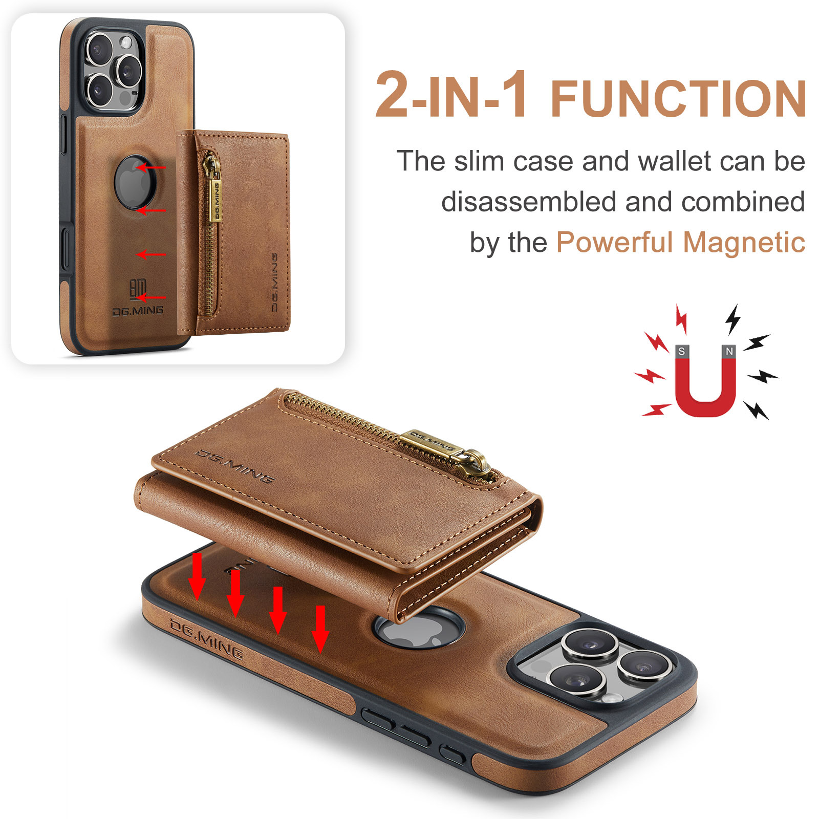 2 In 1 Detachable Magnetic Leather Wallet Phone Case For iPhone 16 Series