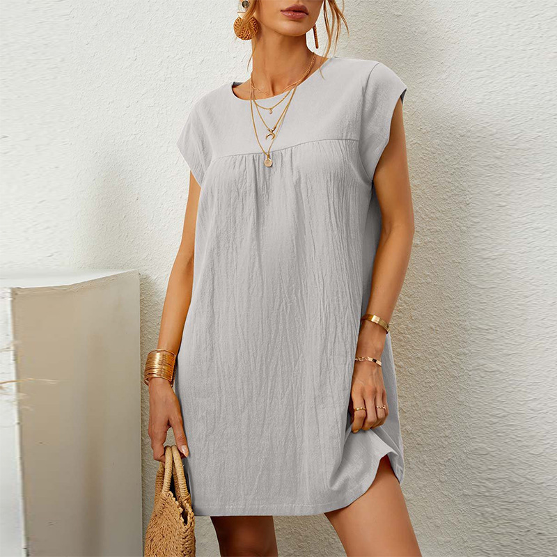2024 Women’s Summer Sleeveless Round Neck Solid Color Cotton and Linen Dress
