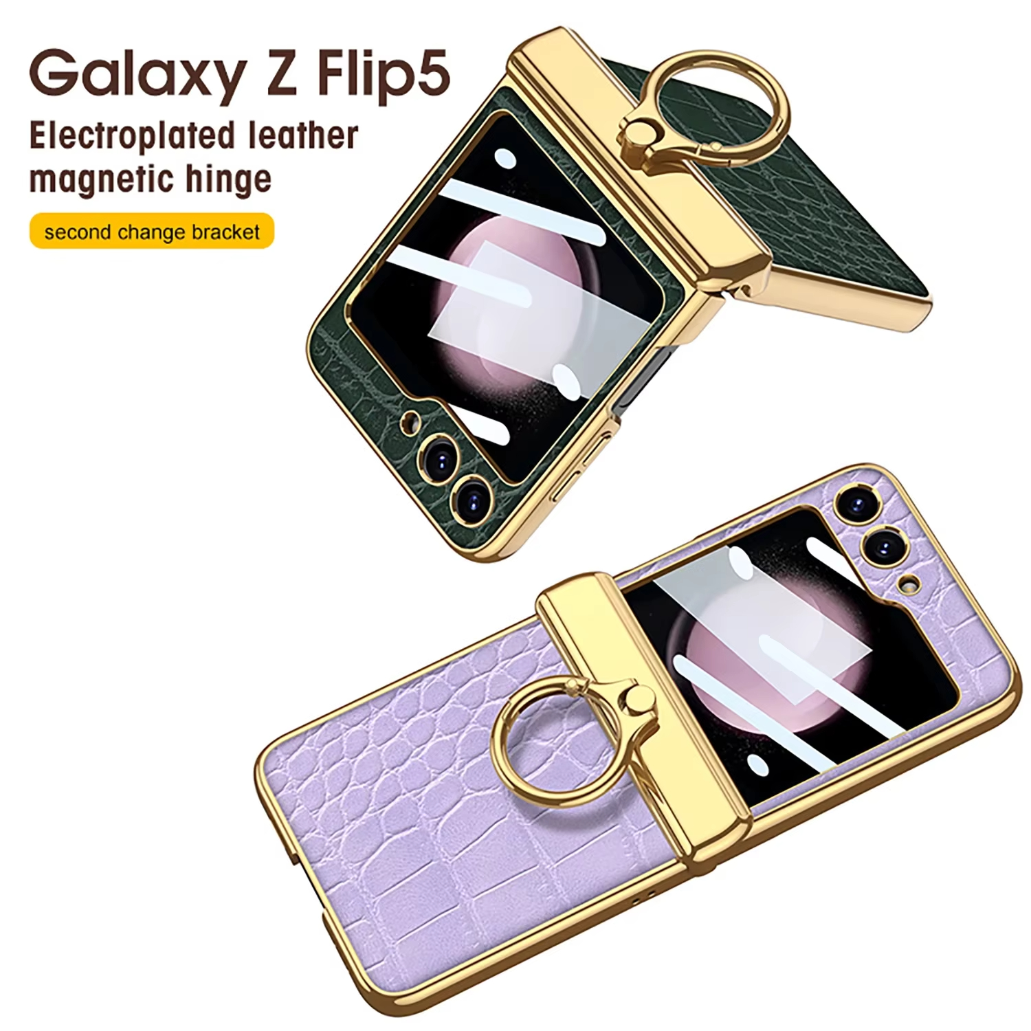Electroplating Crocodile Skin PU Leather Ring Phone Case for Samsung Galaxy Z Flip 5 