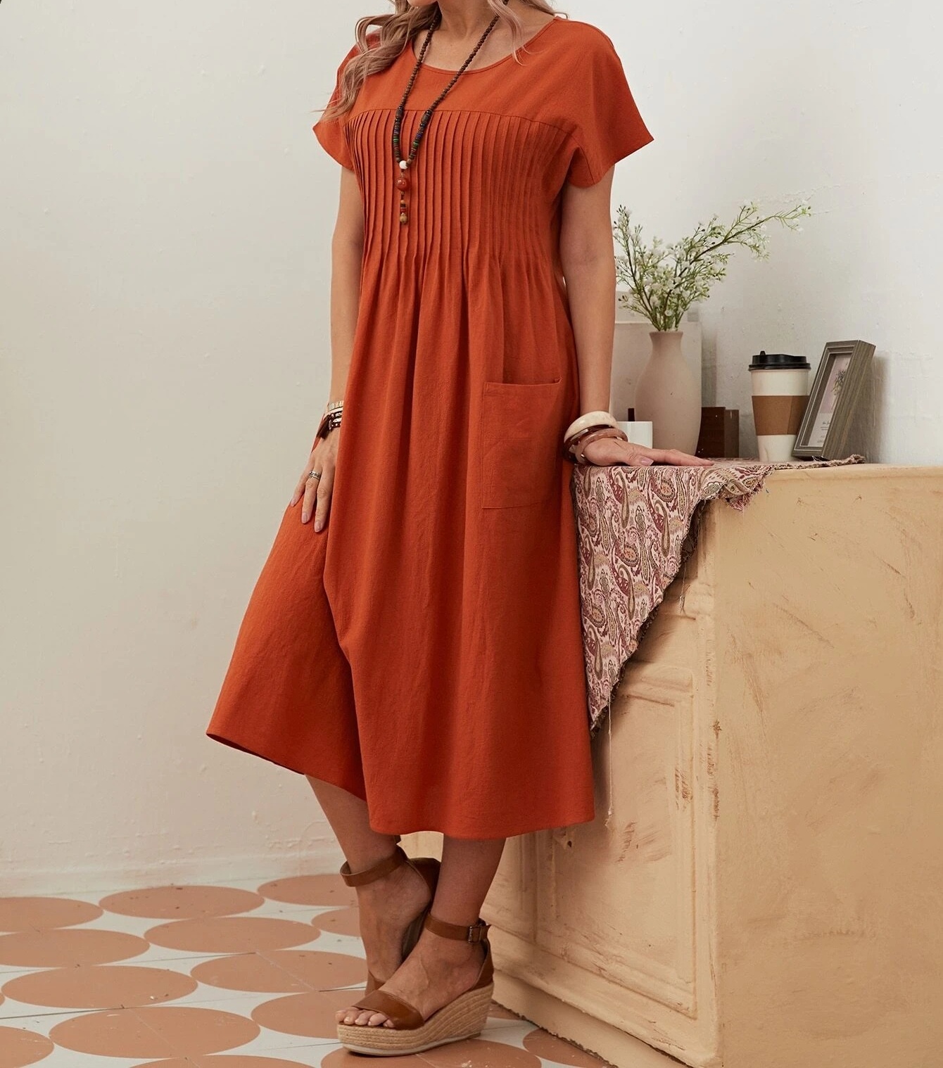 2024 spring and summer women's long skirt new round neck pocket pleated short-sleeved cotton and linen dress