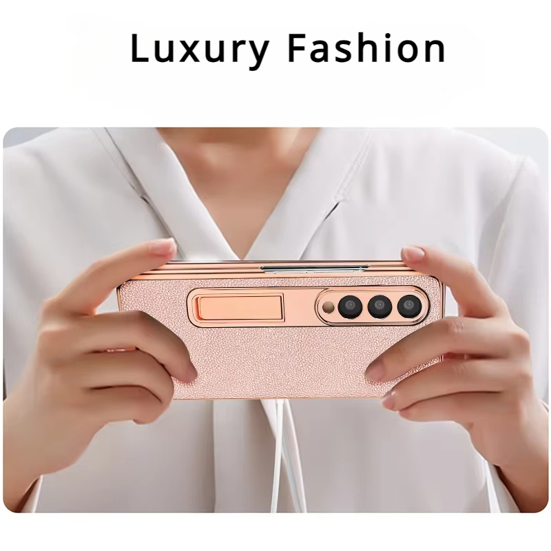 Luxury Leather Golden Plated Phone Case  With Hidden Bracket for Samsung Galaxy Z Fold 5/4/3