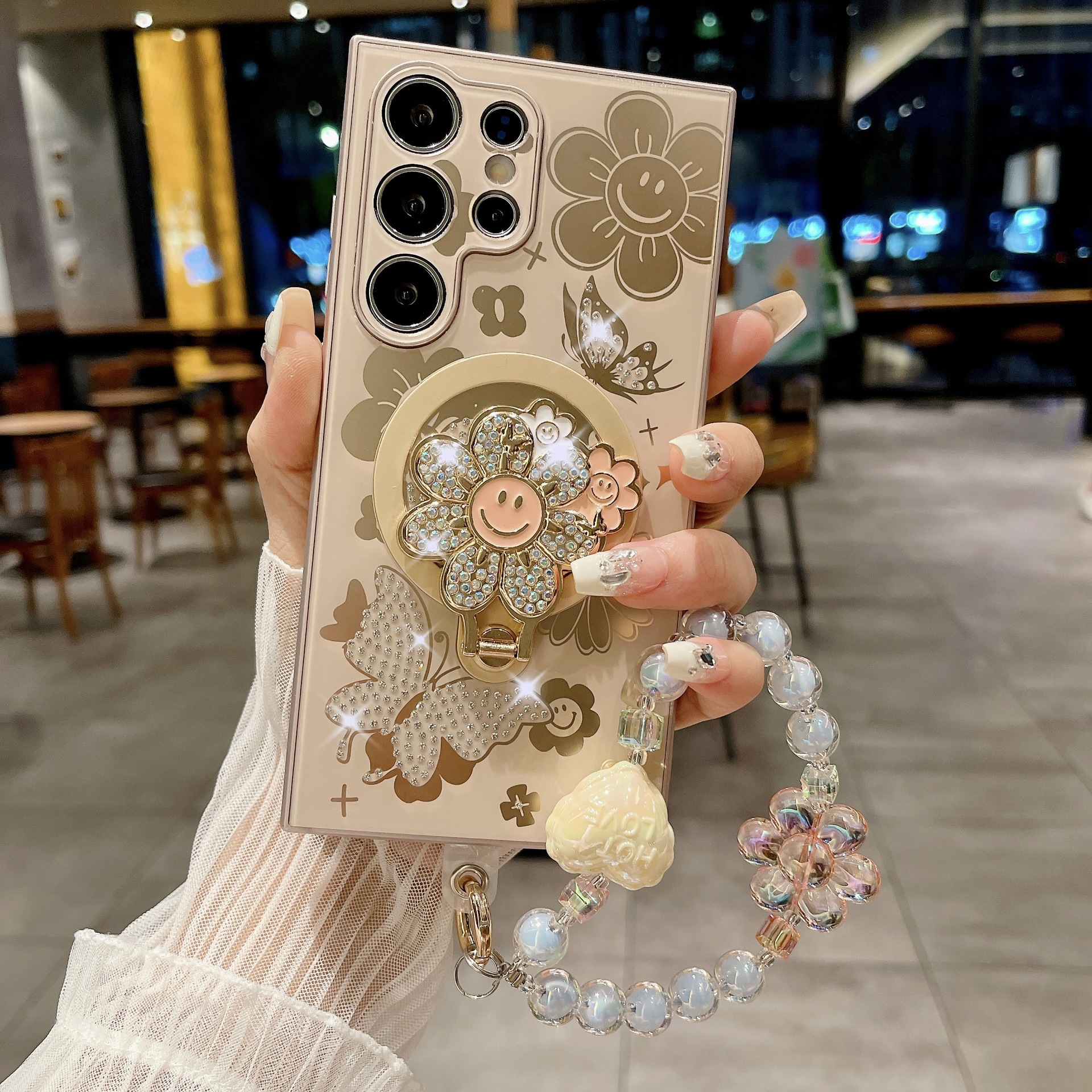 Rhinestone Smiling Sunflower Magnetic Holder Phone Case for Samsung Galaxy S24 S23 