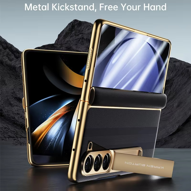 Luxury Genuine Leather Plating Stand Men's Protective Case with Screen Protector For Samsung Galaxy Z Fold 5
