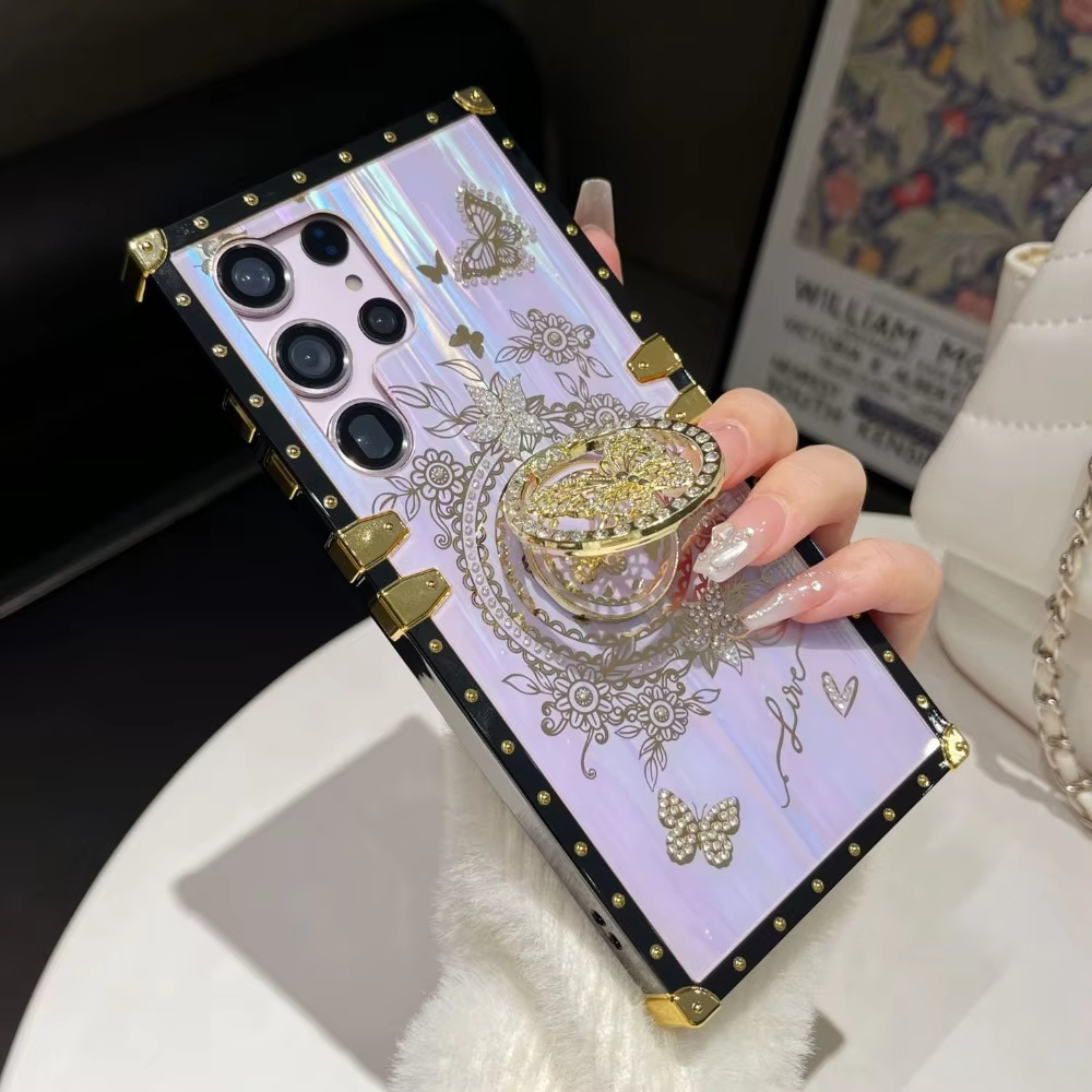 Luxury Dream Butterfly Stand Laser Shell Pattern Phone Case For Samsung Galaxy S24 Ultra S23 Plus S22 S21