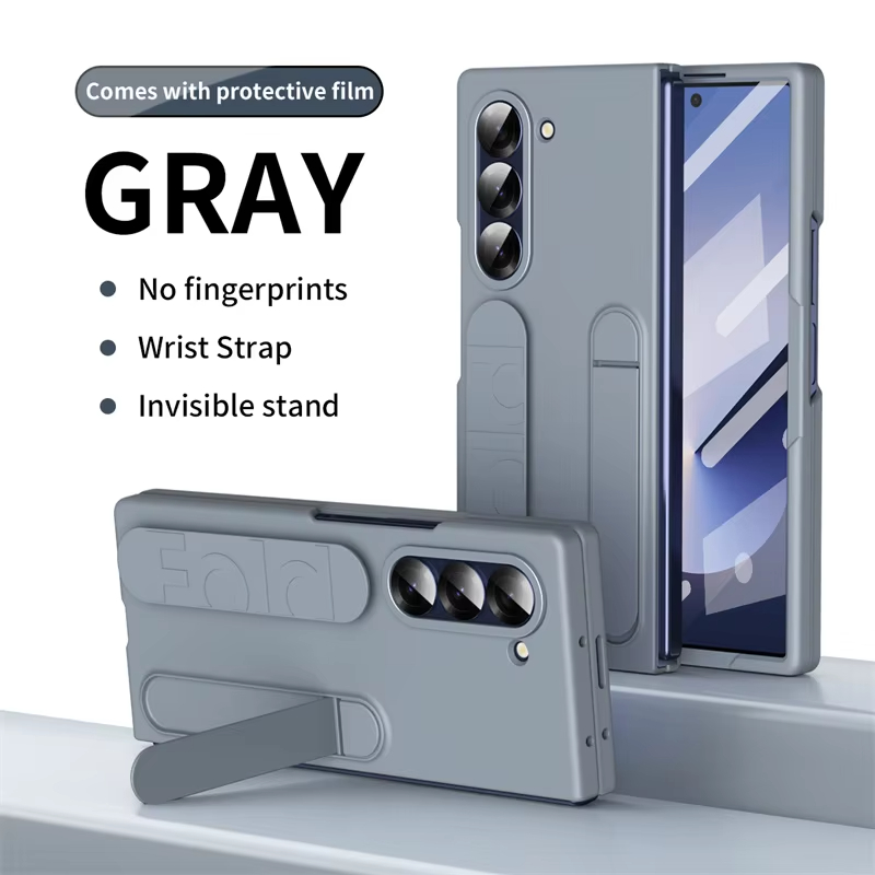 Skin Friendly Matte Silicone Wristband Bracket Case with Tempered Glass for Samsung Galaxy Z Fold 6 5 4 3 