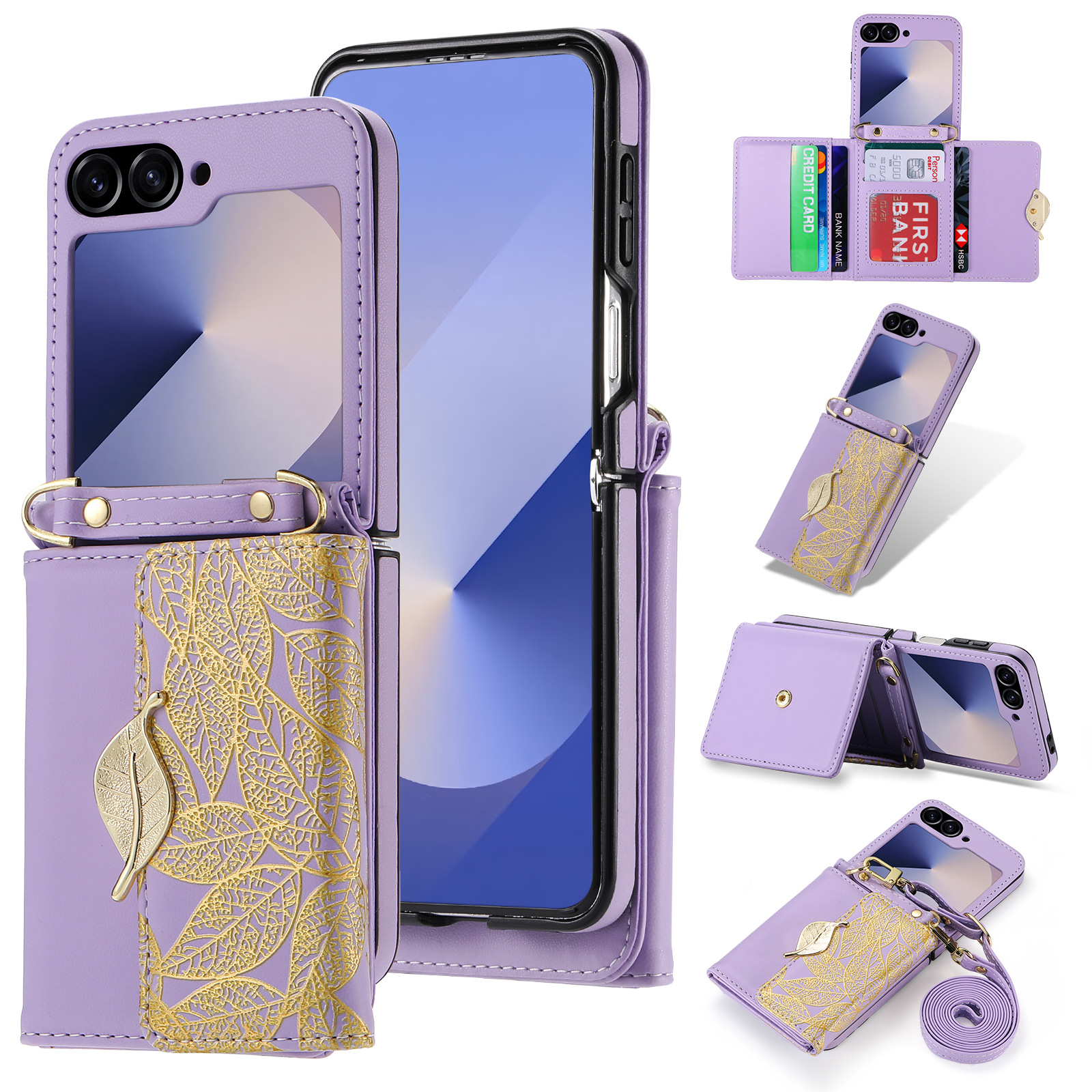 New Crossbody Luxury Leather Leaf Style Multi-card Holder Case For Samsung Galaxy Z Flip6