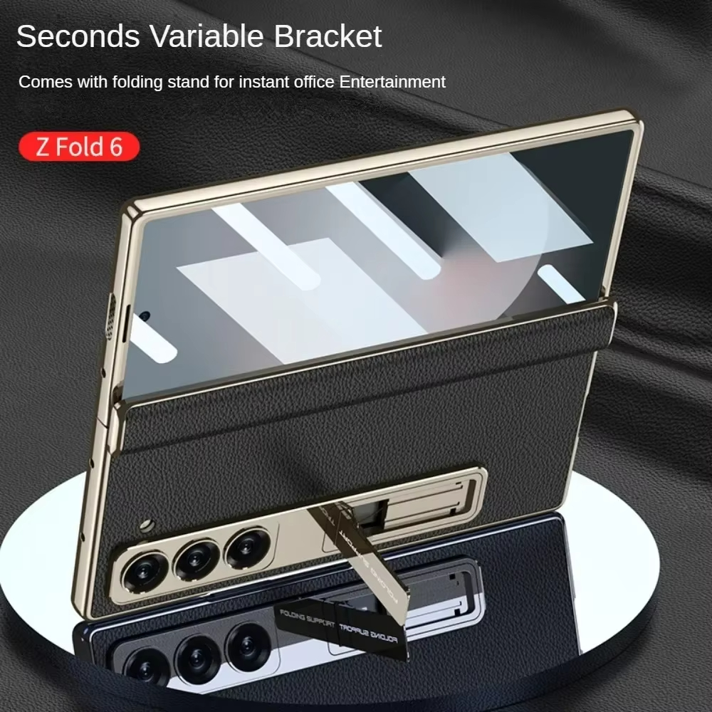 LLuxury Electroplated Matte Leather Bracket Magnetic Folding Hinge Case for Samsung Galaxy Z Fold 6 with Tempered Film Hard Cover