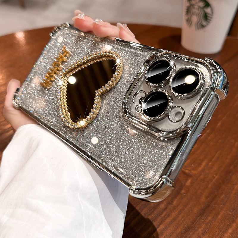 Heart-Shaped Rhinestone Mirror iPhone Case