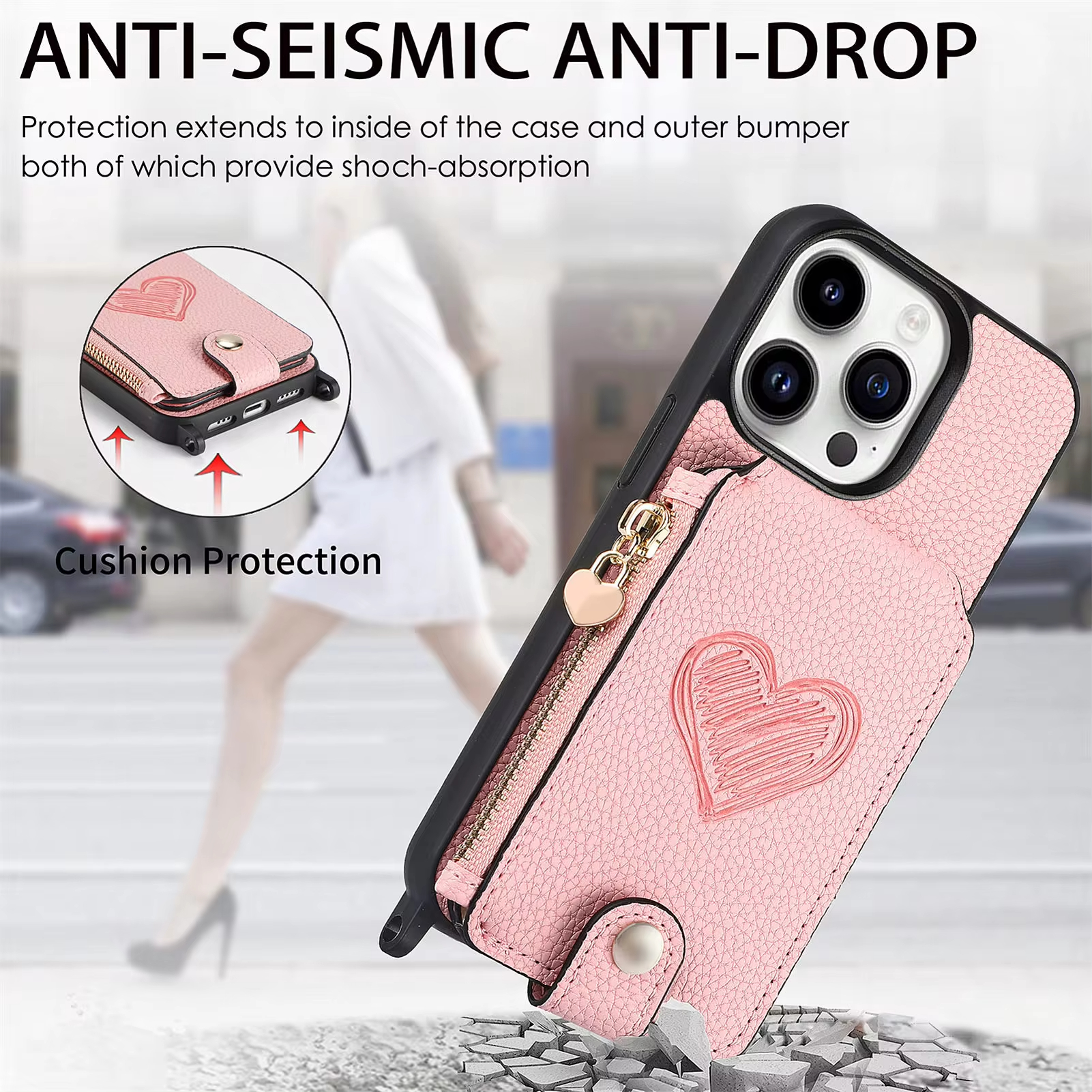 Magnetic Crossbody Leather Zipper Wallet Card Phone Case for iPhone 15 Series