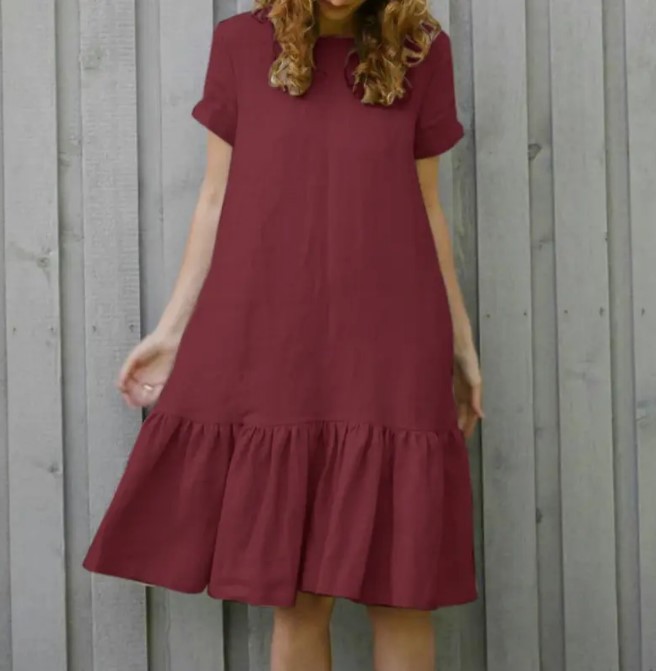 2024 Ladies Loose Slim Short Sleeve Round Neck Cotton and Linen Shirt Dress