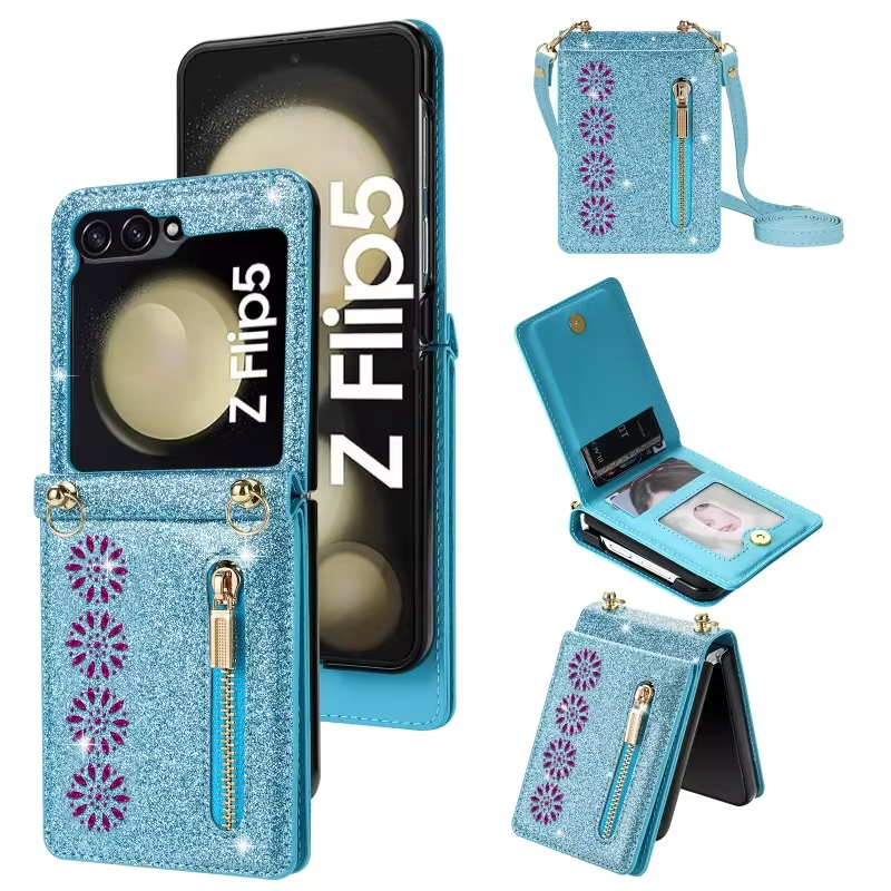 Crossbody Glitter Zipper Wallet Phone Case for Samsung Galaxy Z Flip 6 5 4 3