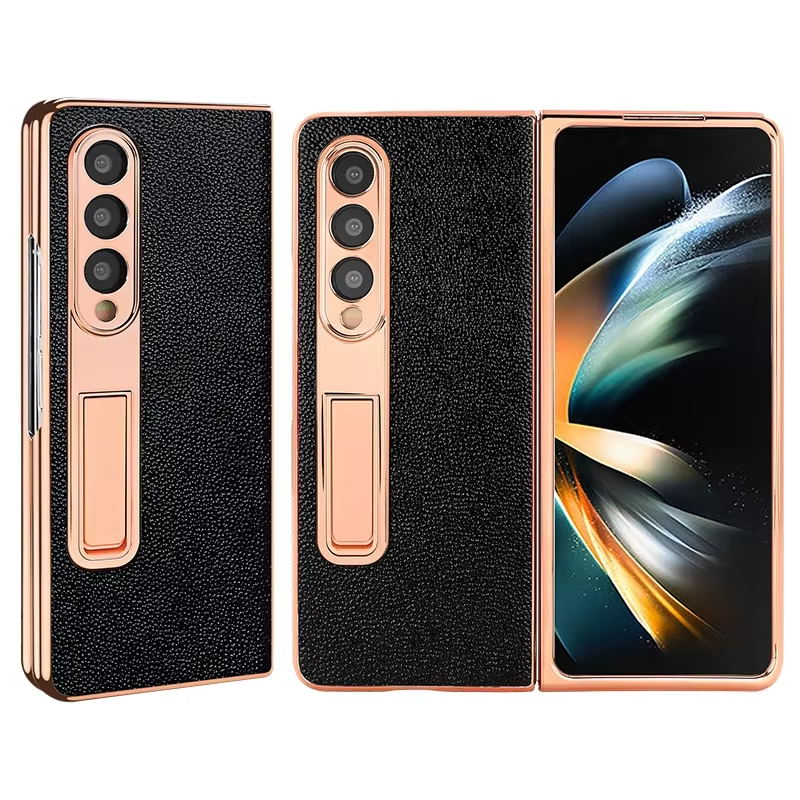 Luxury Leather Golden Plated Phone Case  With Hidden Bracket for Samsung Galaxy Z Fold 5/4/3