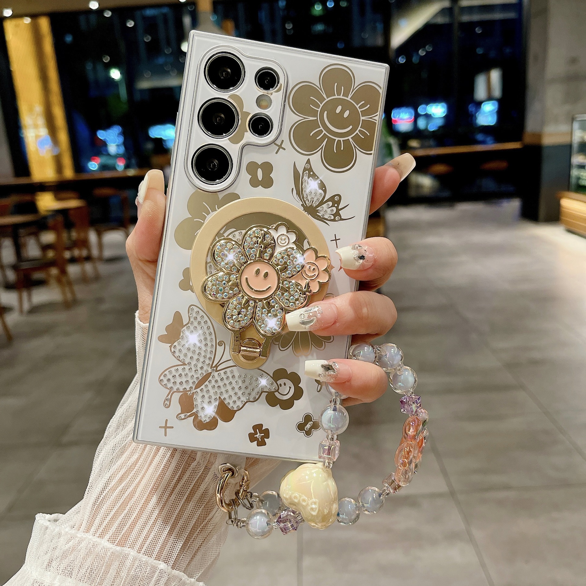 Rhinestone Smiling Sunflower Magnetic Holder Phone Case for Samsung Galaxy S24 S23 