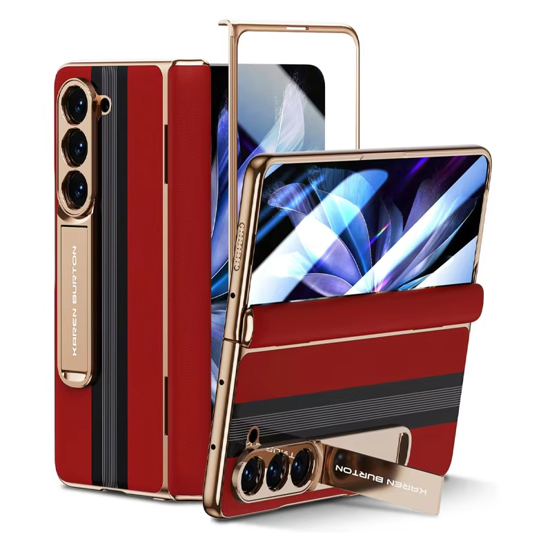 Luxury Genuine Leather Plating Stand Men's Protective Case with Screen Protector For Samsung Galaxy Z Fold 5