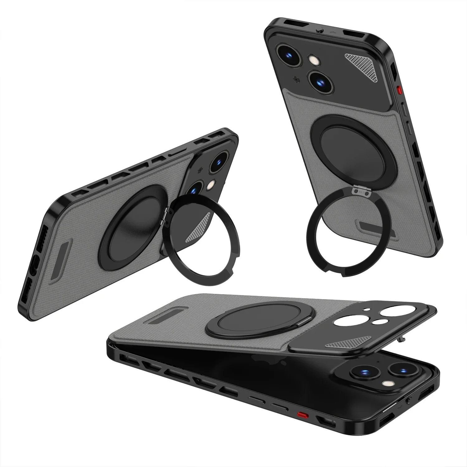 360° Rotating Stand Hollow Frame Luxury Aluminum Snap Phone Case For iPhone 15 14 13 Series