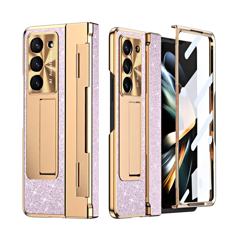 Leather Sparkle Magnetic Plating Hinge Phone Case With Screen Protector For Samsung Galaxy Z Fold 5/4/3