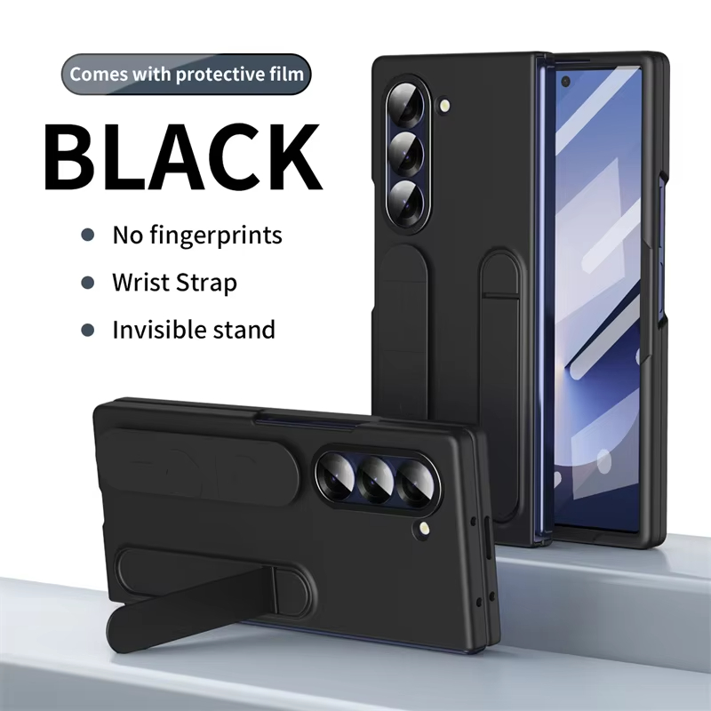 Skin Friendly Matte Silicone Wristband Bracket Case with Tempered Glass for Samsung Galaxy Z Fold 6 5 4 3 