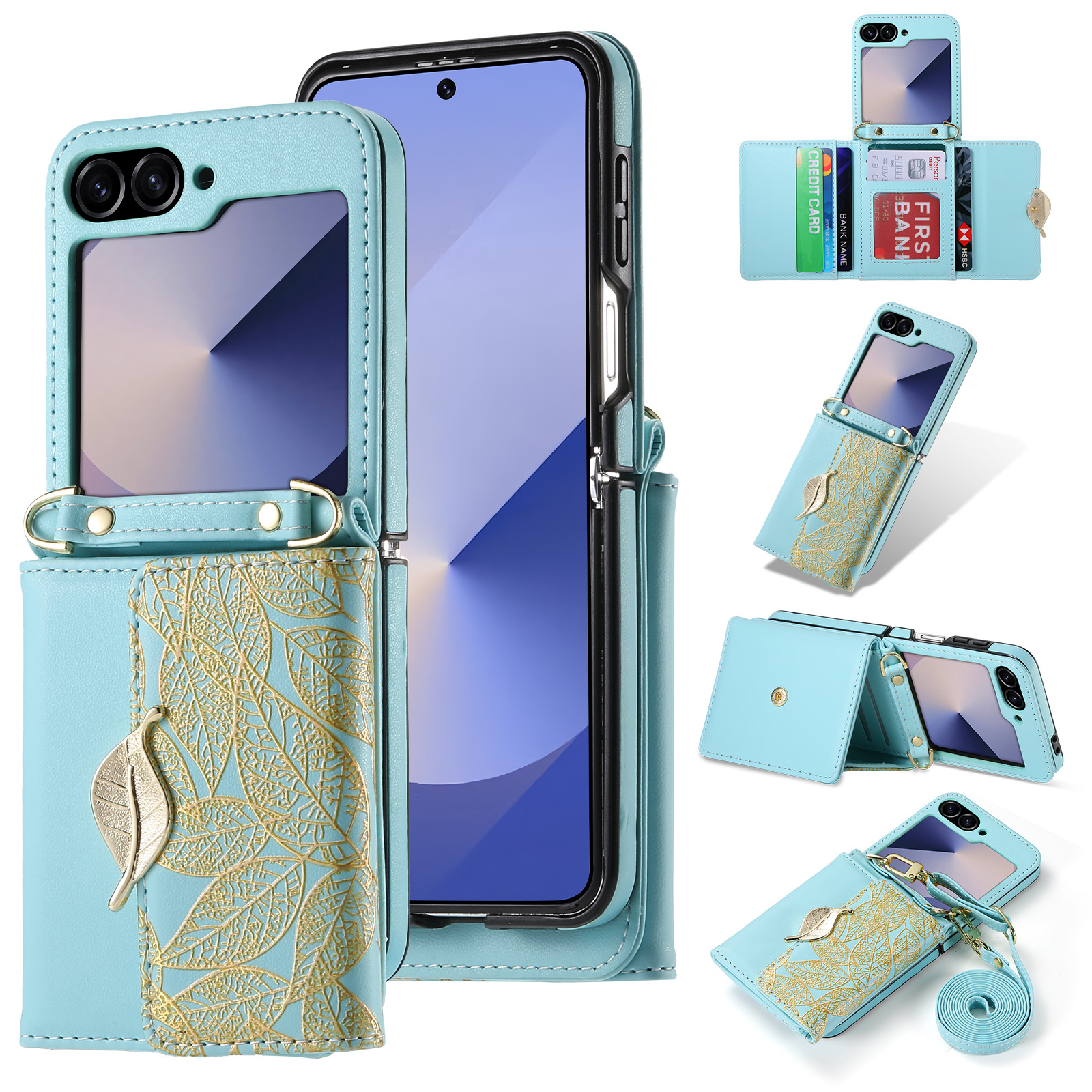 New Crossbody Luxury Leather Leaf Style Multi-card Holder Case For Samsung Galaxy Z Flip6