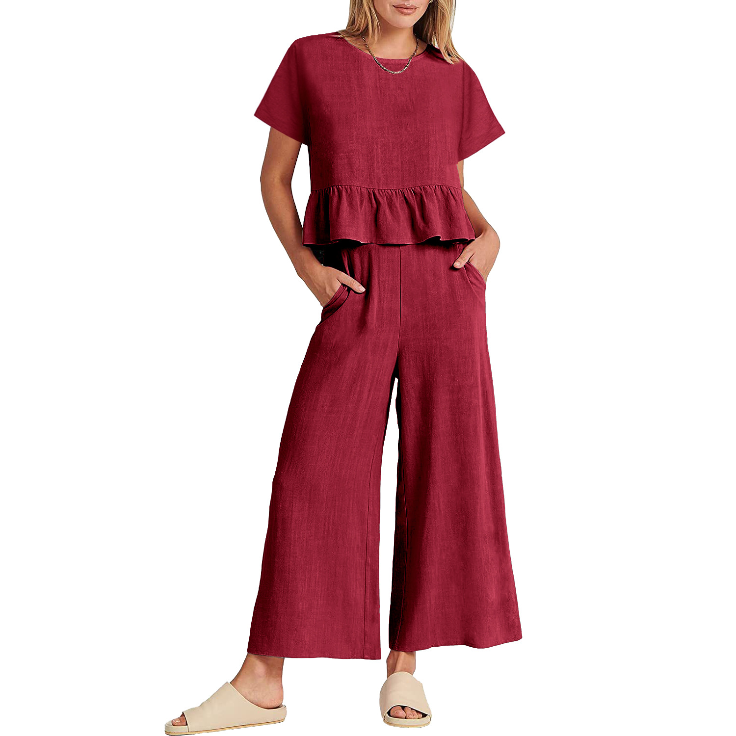2024 Women's New Summer Short-Sleeved Pleated Wide-Leg ninth pants casual suit