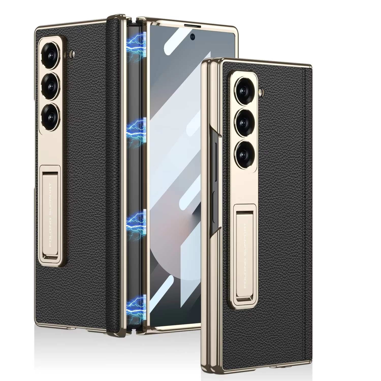 LLuxury Electroplated Matte Leather Bracket Magnetic Folding Hinge Case for Samsung Galaxy Z Fold 6 with Tempered Film Hard Cover