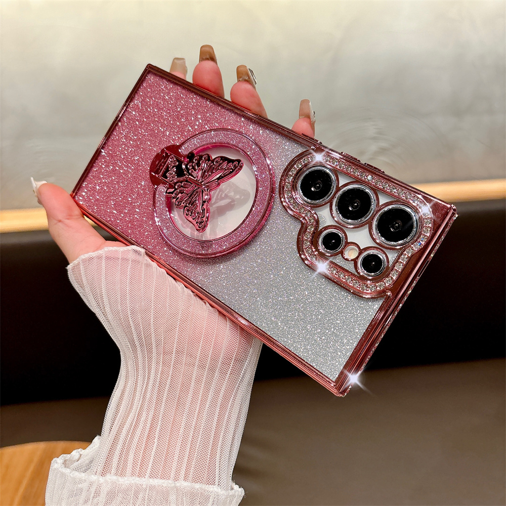 Glitter Diamond Butterfly Bracket Magnetic Case for Samsung Galaxy S24 Ultra S23 S22 Plus A55 A15 A35 A54 A53