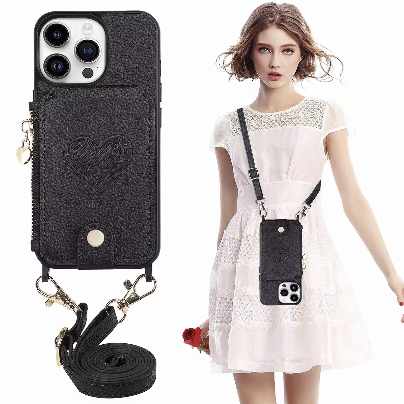 Magnetic Crossbody Leather Zipper Wallet Card Phone Case for iPhone 15 Series