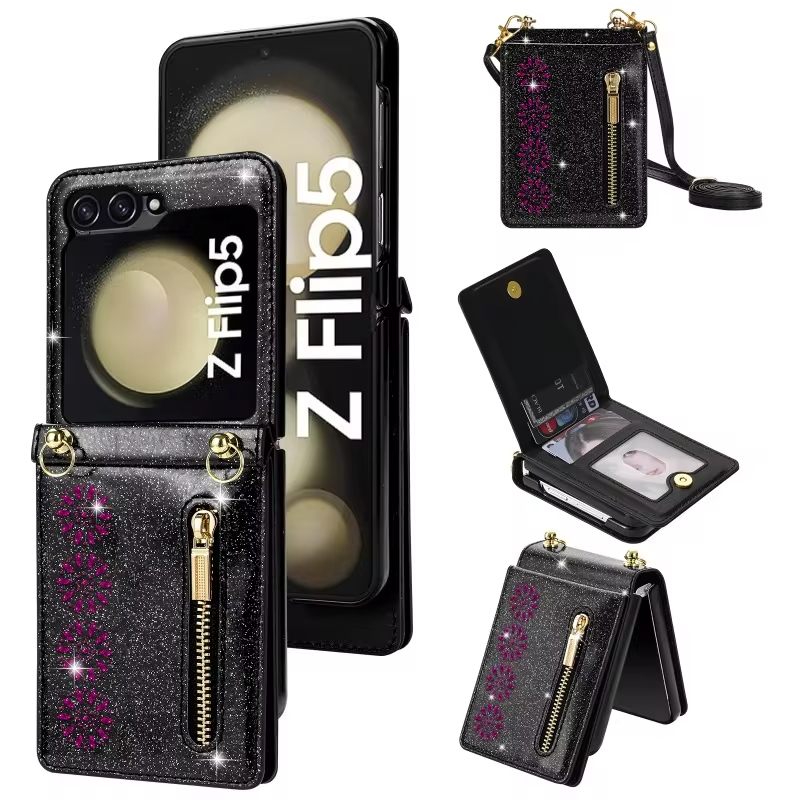 Crossbody Glitter Zipper Wallet Phone Case for Samsung Galaxy Z Flip 6 5 4 3