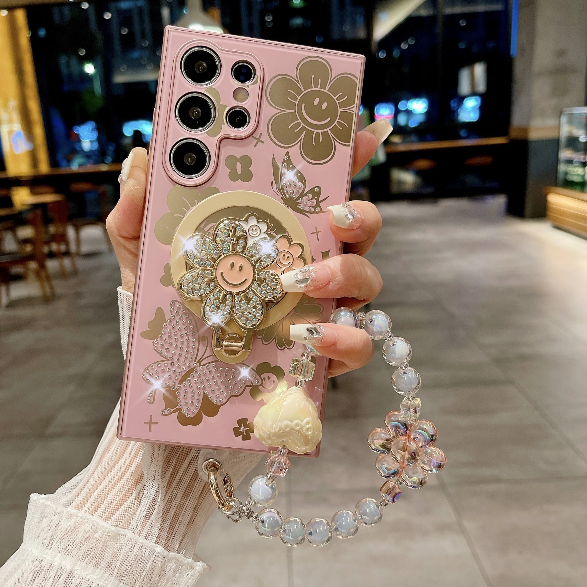 Rhinestone Smiling Sunflower Magnetic Holder Phone Case for Samsung Galaxy S24 S23 