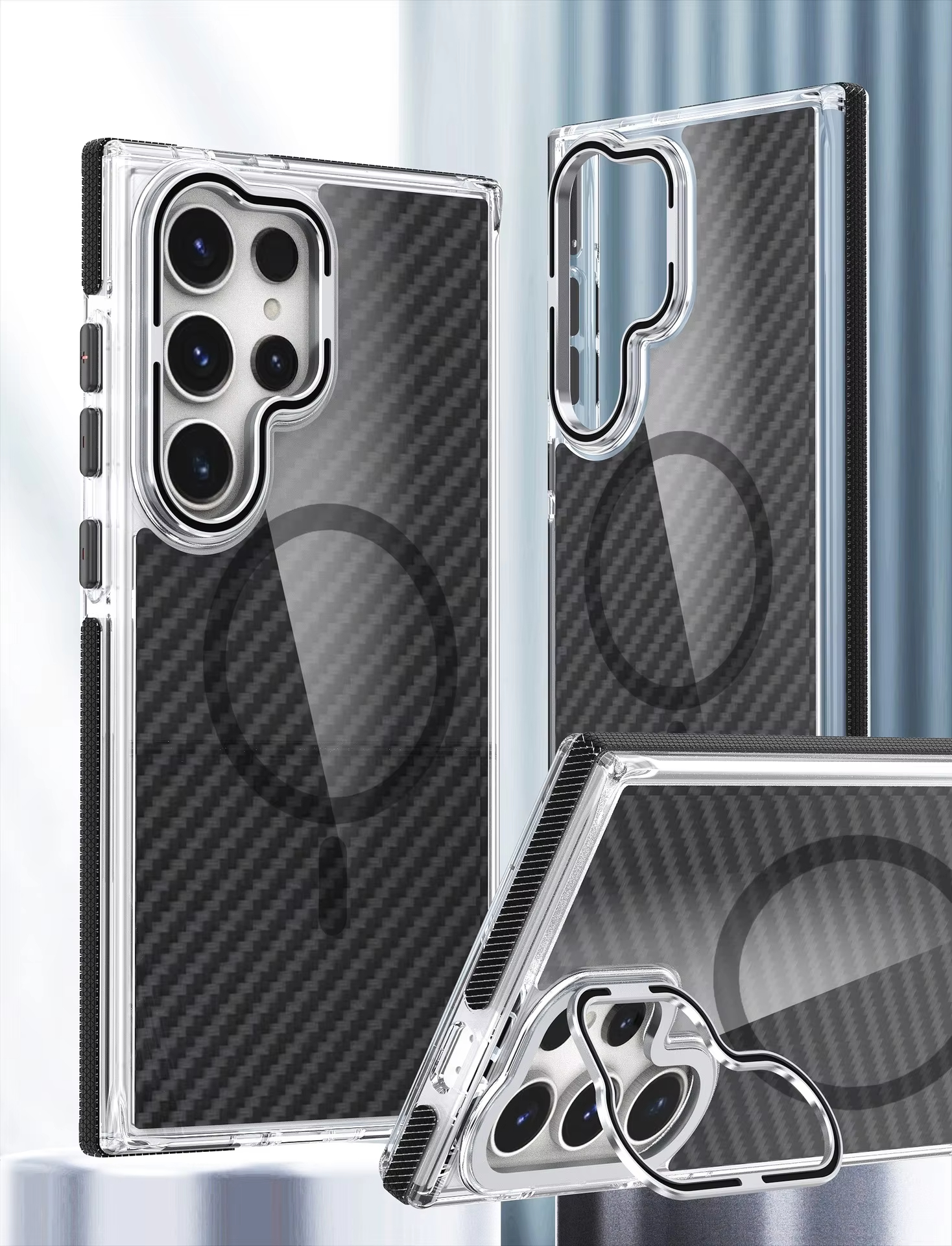 Business Carbon Fiber Magnetic Contrast Color Anti-skid Frame Case for Samsung Galaxy S24 S23  Series