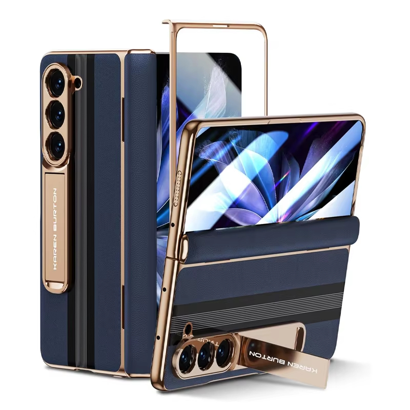 Luxury Genuine Leather Plating Stand Men's Protective Case with Screen Protector For Samsung Galaxy Z Fold 5