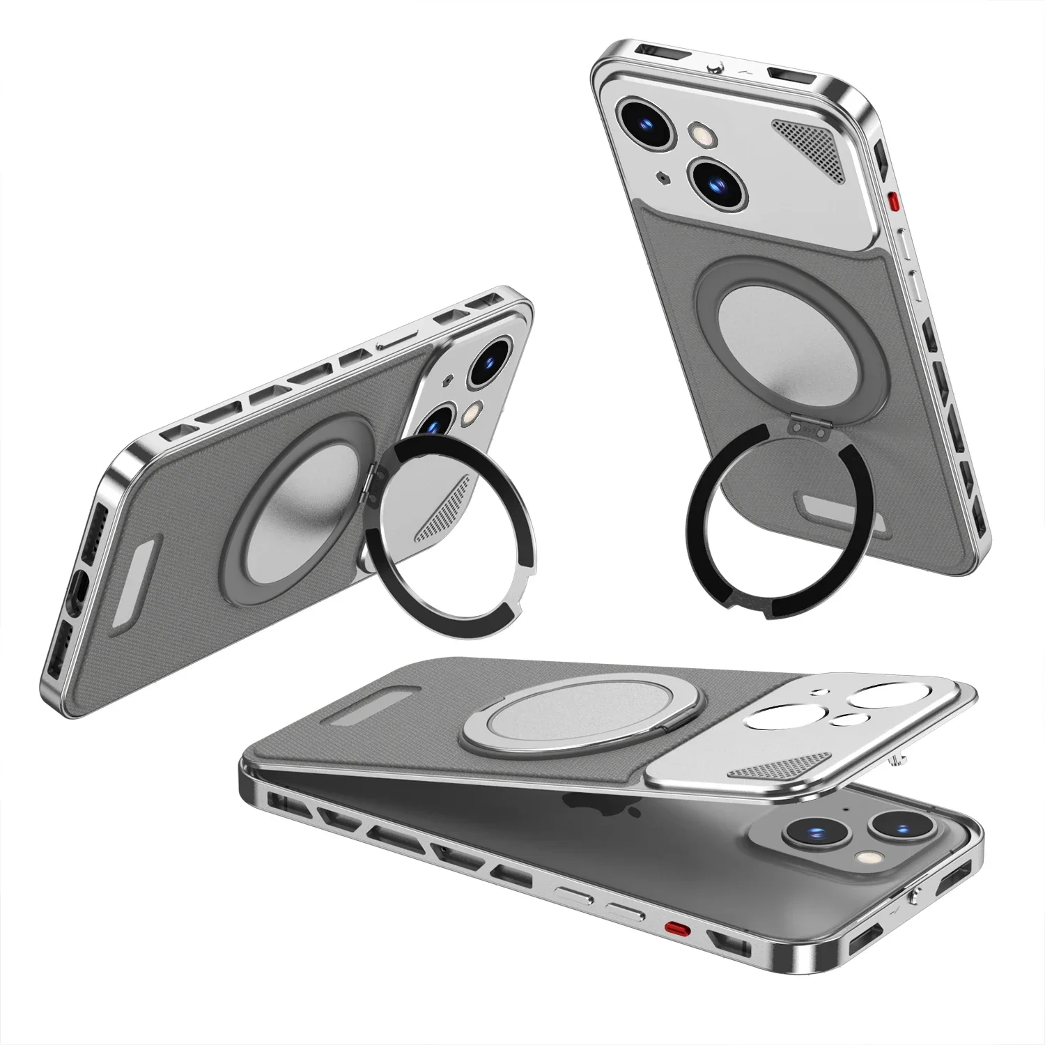 360° Rotating Stand Hollow Frame Luxury Aluminum Snap Phone Case For iPhone 15 14 13 Series