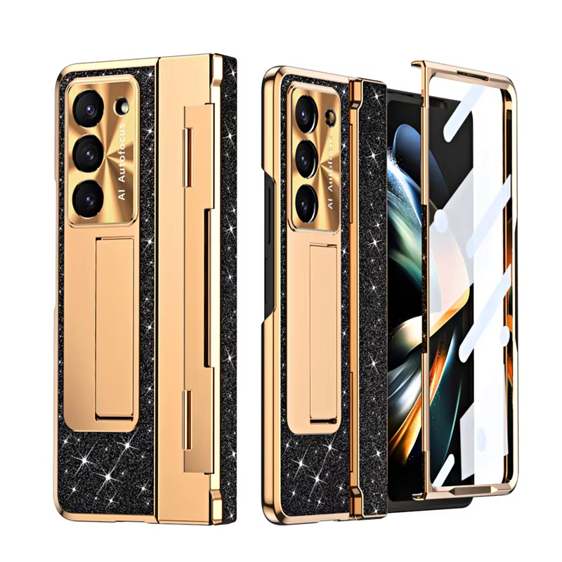 Leather Sparkle Magnetic Plating Hinge Phone Case With Screen Protector For Samsung Galaxy Z Fold 5/4/3