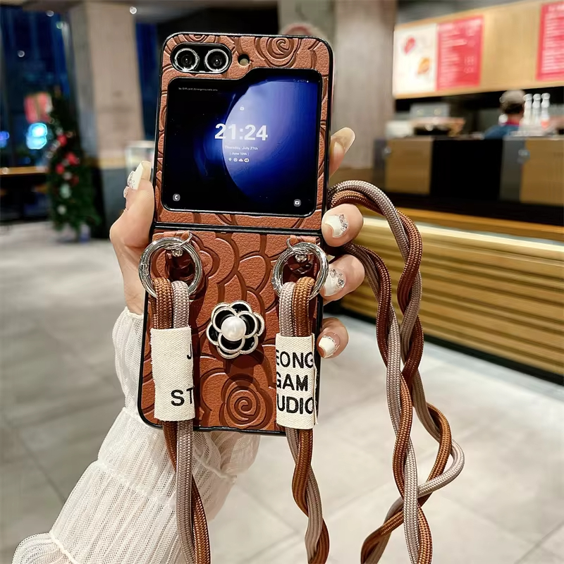 Crossbody Leather Flower Phone Case for Samsung Galaxy Z Flip 5 4 3
