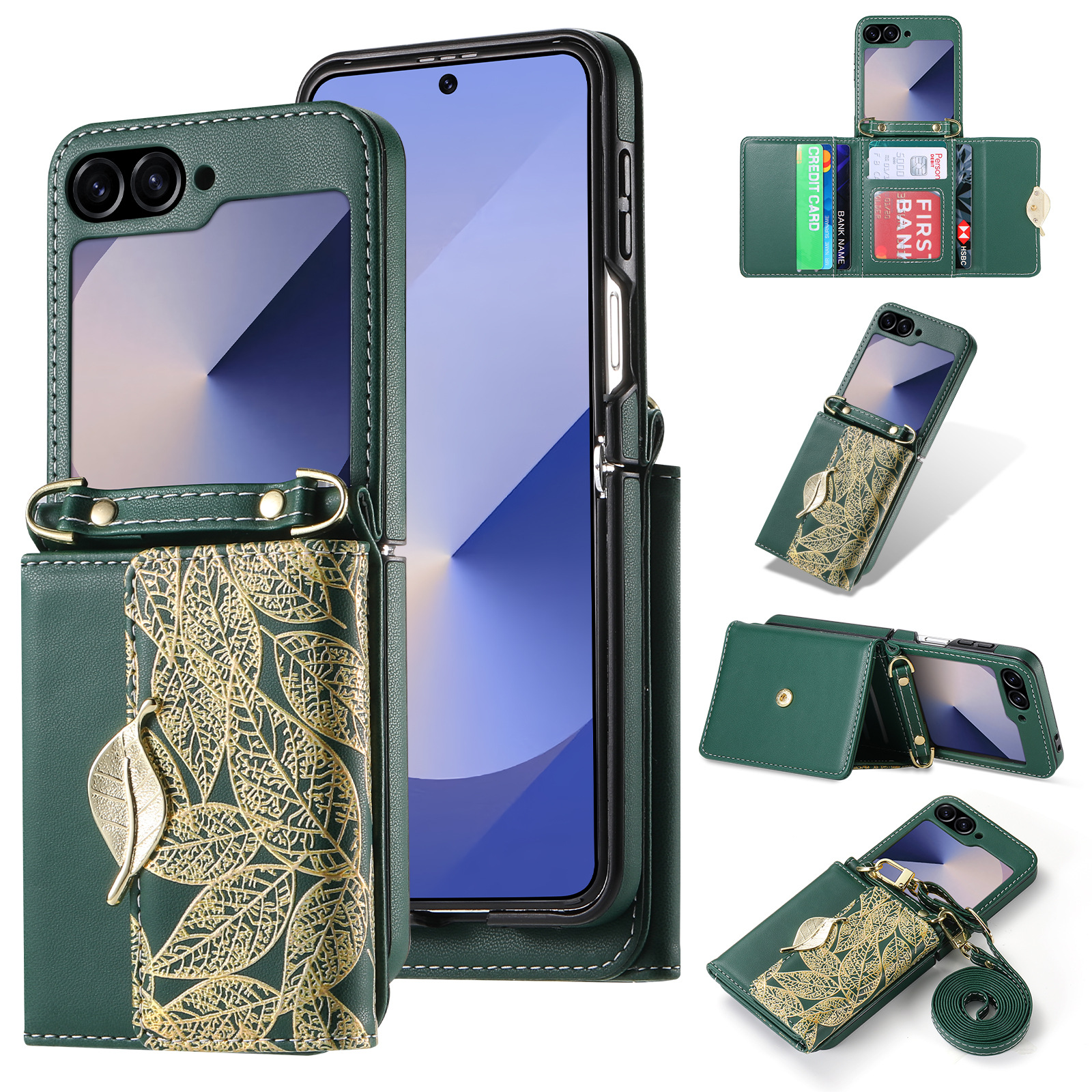 New Crossbody Luxury Leather Leaf Style Multi-card Holder Case For Samsung Galaxy Z Flip6