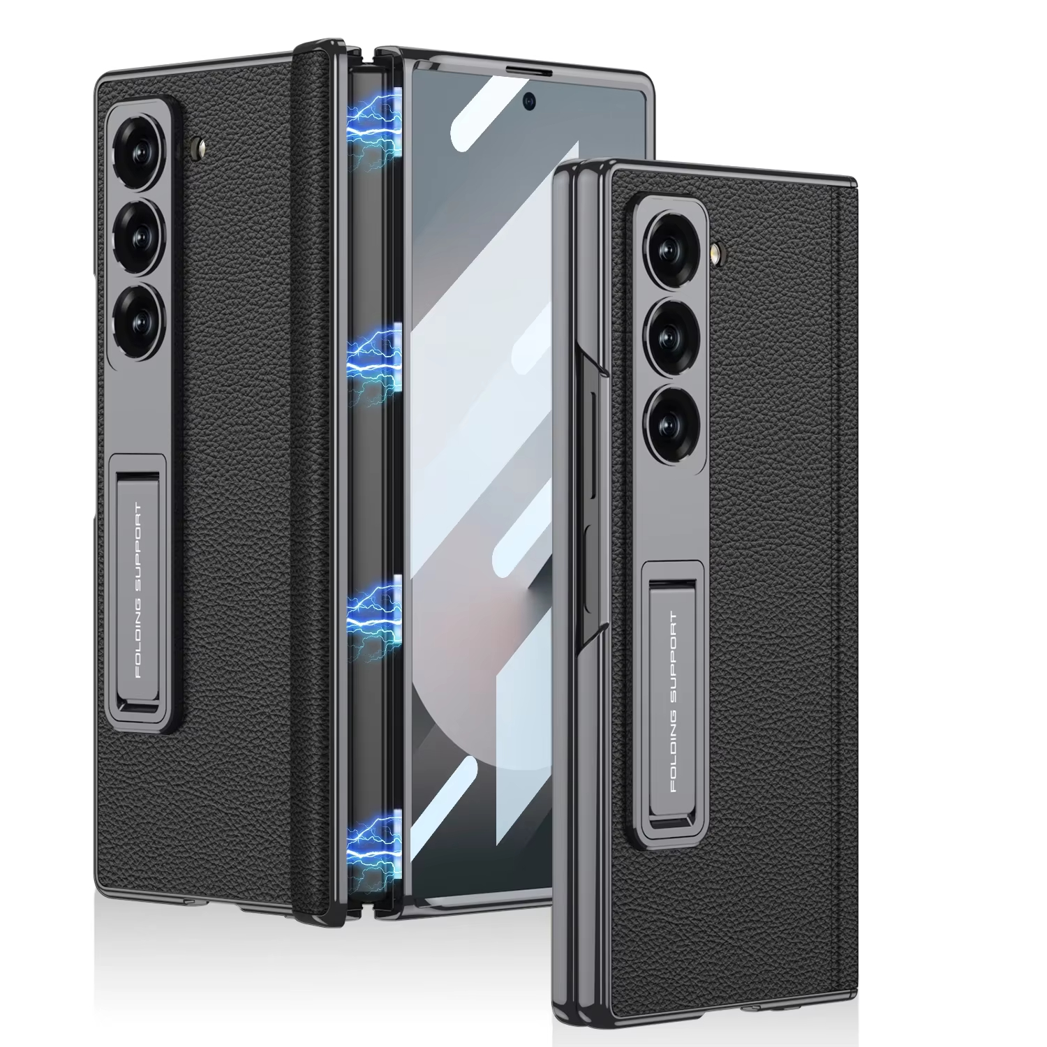 LLuxury Electroplated Matte Leather Bracket Magnetic Folding Hinge Case for Samsung Galaxy Z Fold 6 with Tempered Film Hard Cover