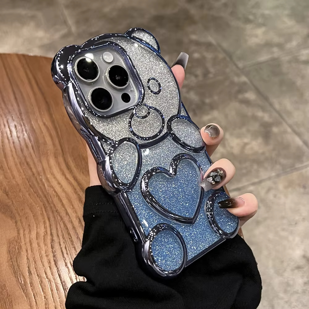 Luxury 3D Love Heart Bear Transparent Glitter Gradient Case For iPhone Series