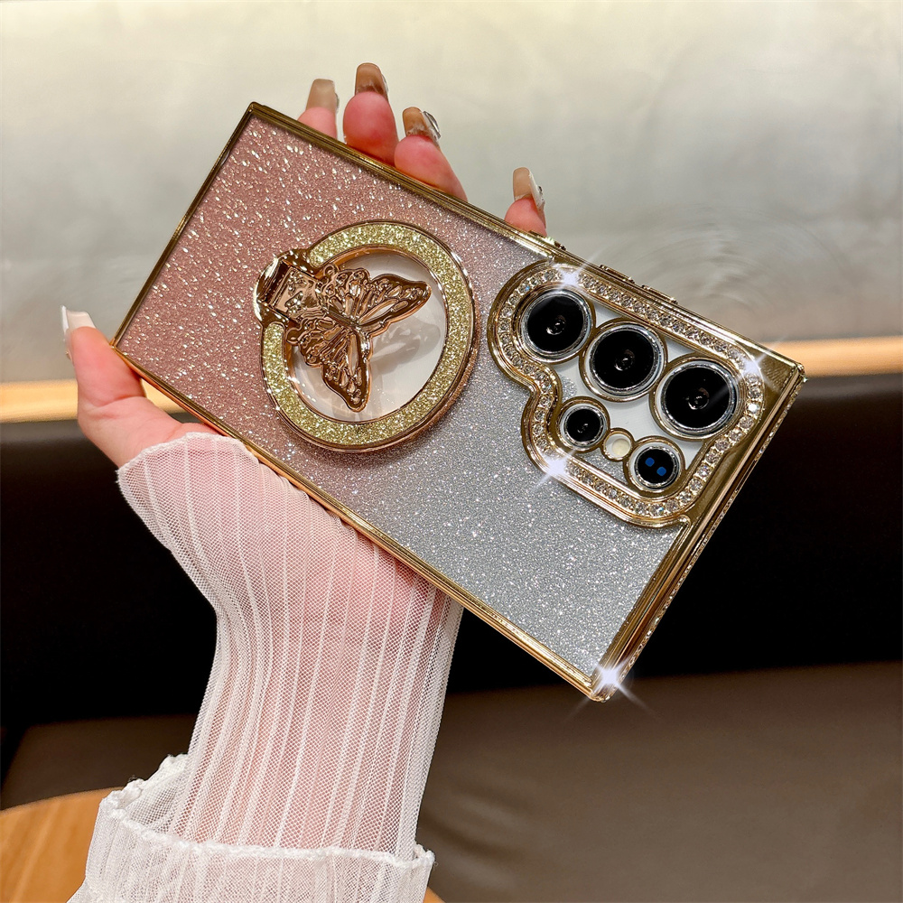 Glitter Diamond Butterfly Bracket Magnetic Case for Samsung Galaxy S24 Ultra S23 S22 Plus A55 A15 A35 A54 A53