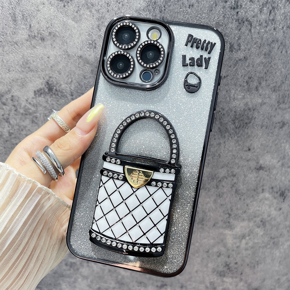 Electroplated Rhinestone Glitter Bag Holder Mirror Case for iPhone 16 15 14 13 12 11 Series