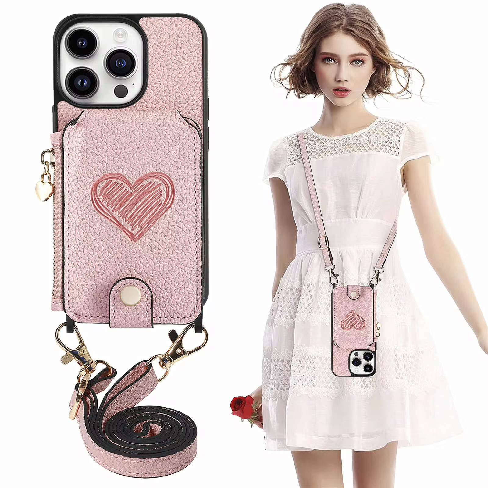 Magnetic Crossbody Leather Zipper Wallet Card Phone Case for iPhone 15 Series