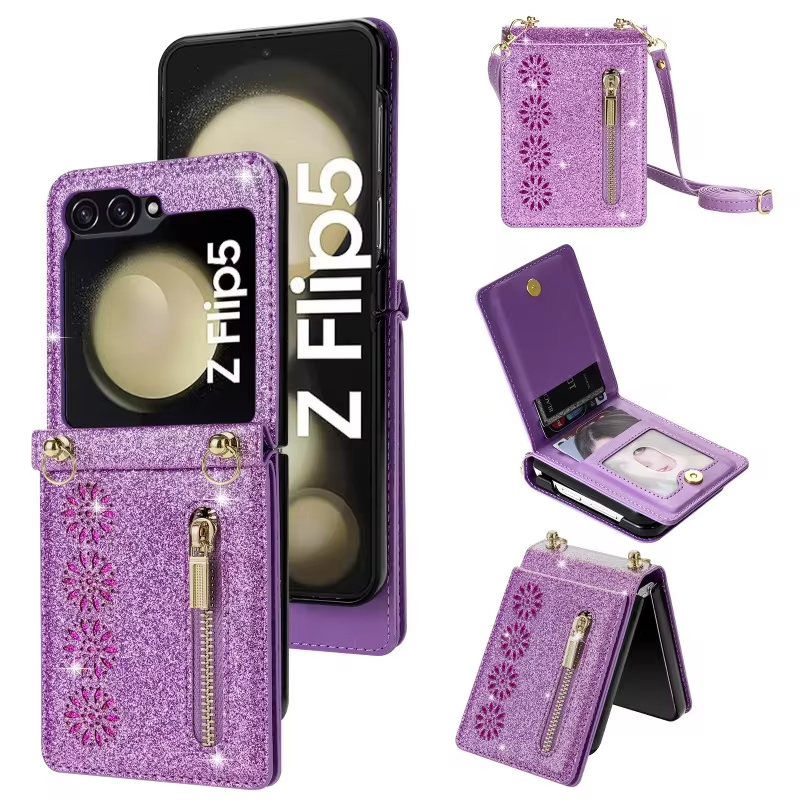 Crossbody Glitter Zipper Wallet Phone Case for Samsung Galaxy Z Flip 6 5 4 3