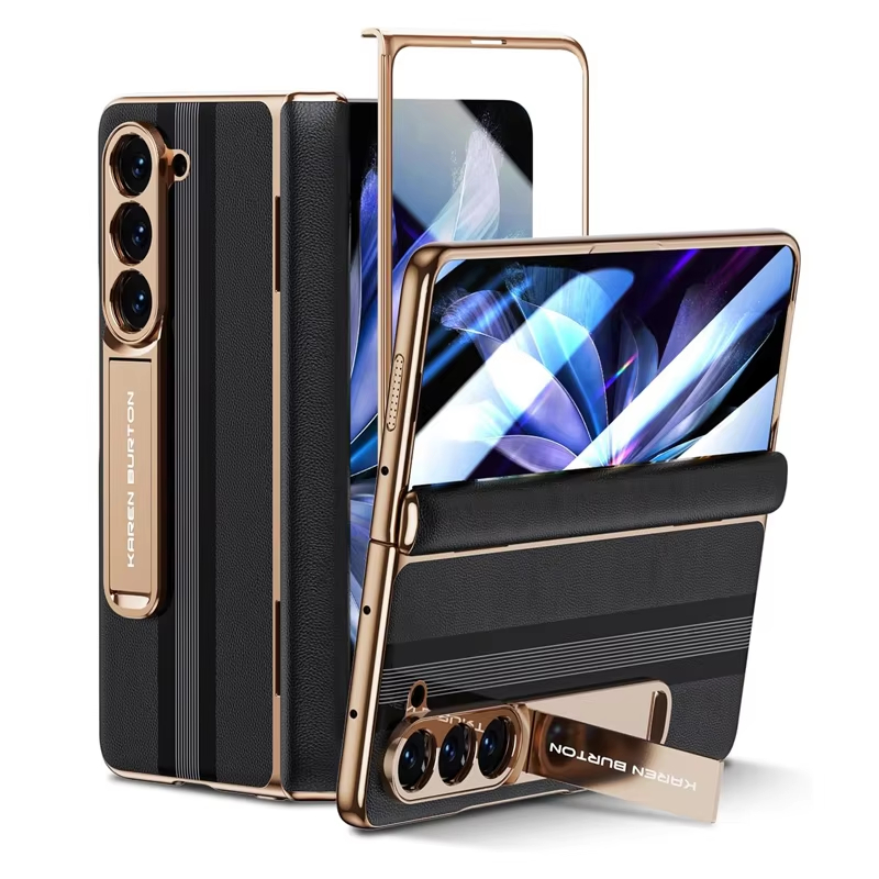 Luxury Genuine Leather Plating Stand Men's Protective Case with Screen Protector For Samsung Galaxy Z Fold 5