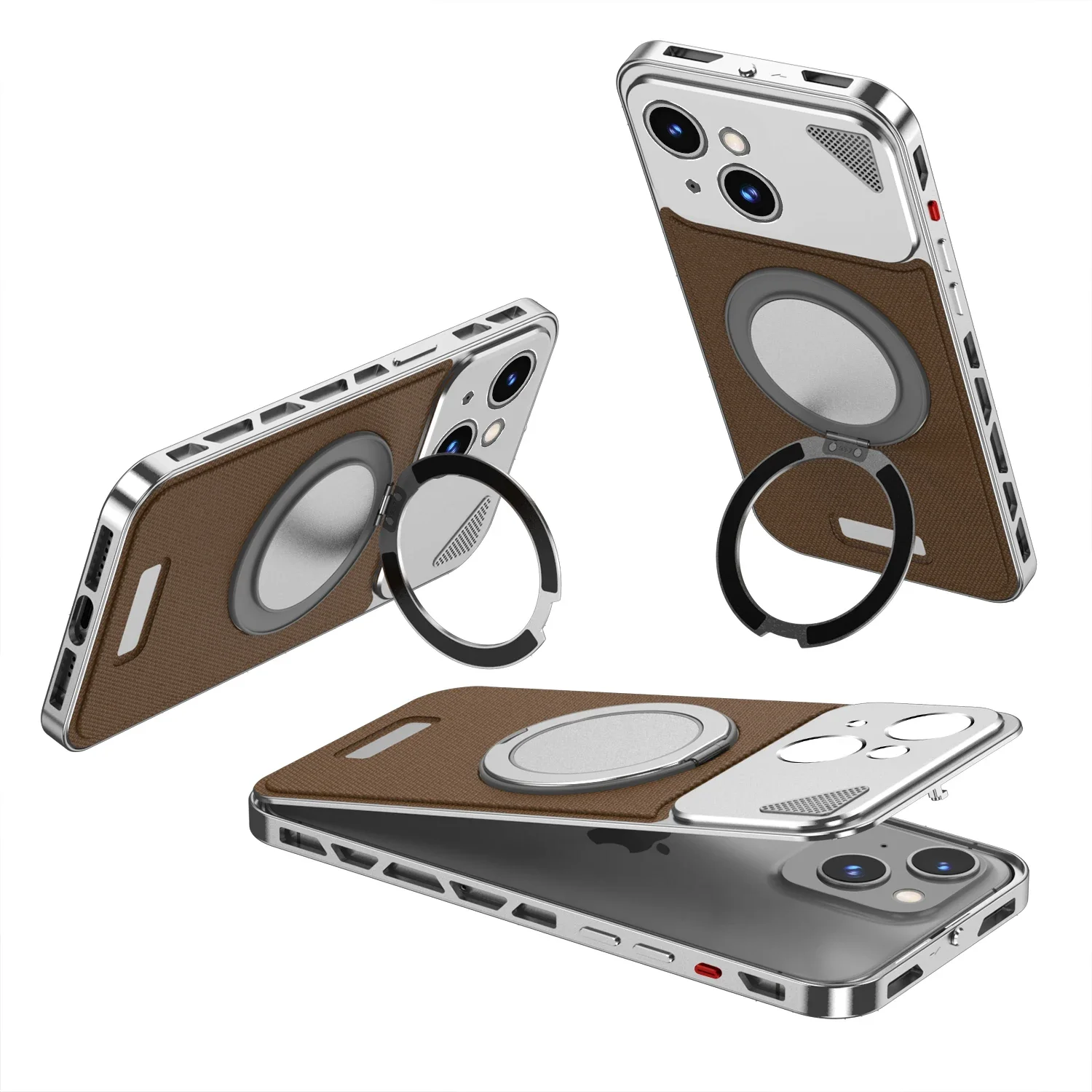 360° Rotating Stand Hollow Frame Luxury Aluminum Snap Phone Case For iPhone 15 14 13 Series