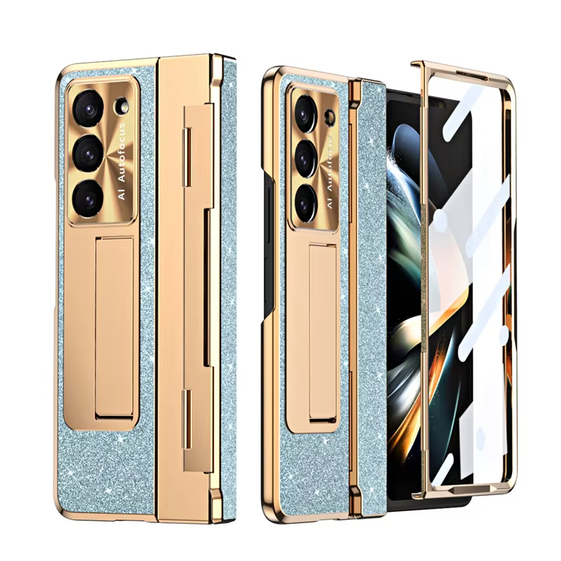 Leather Sparkle Magnetic Plating Hinge Phone Case With Screen Protector For Samsung Galaxy Z Fold 5/4/3