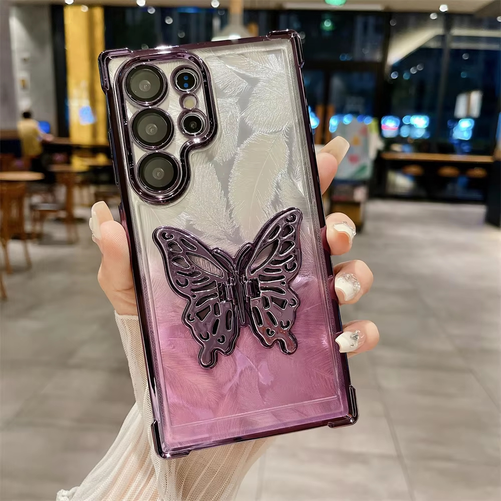 Cartoon Butterfly Gradient Bracket Case for Samsung Galaxy S24 Ultra Plus