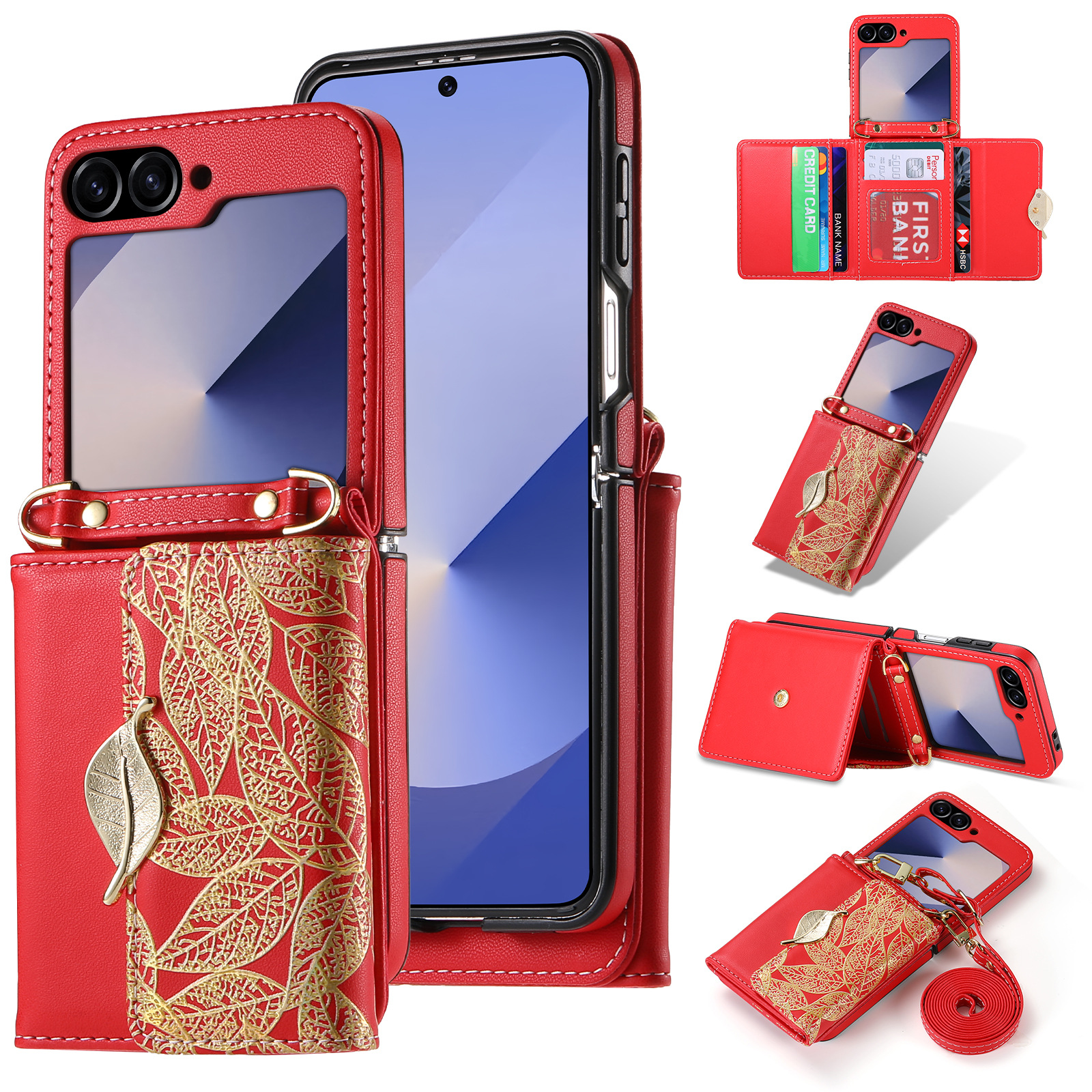 New Crossbody Luxury Leather Leaf Style Multi-card Holder Case For Samsung Galaxy Z Flip6